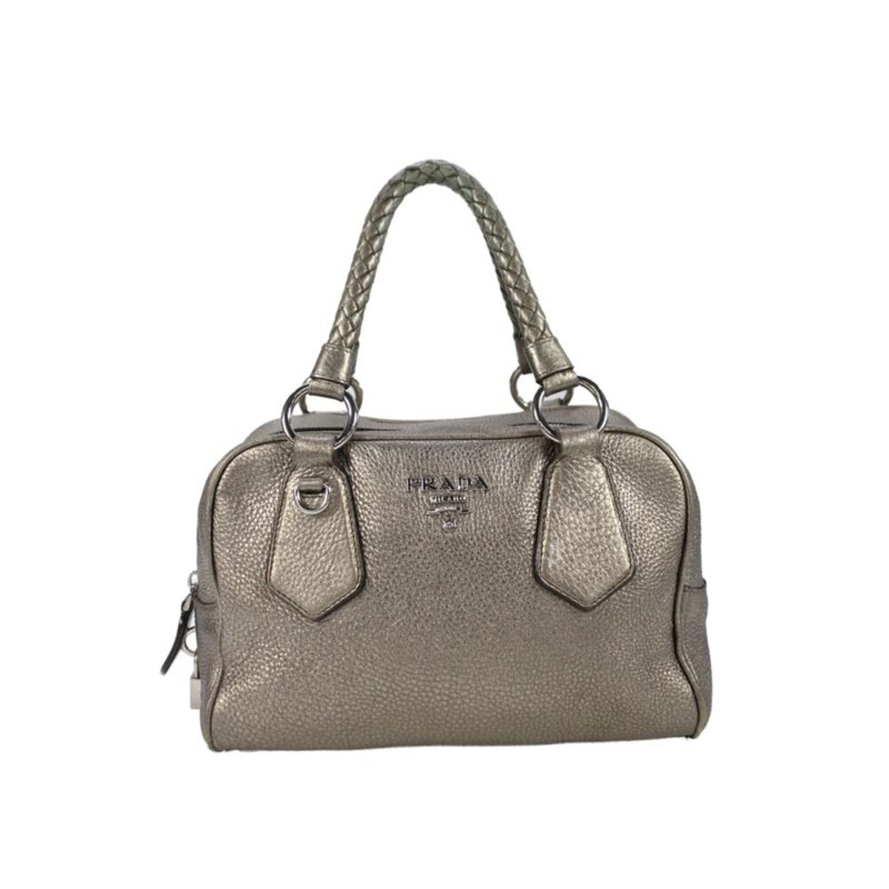 Prada Womens Pebbled Leather Braided Handle Satchel Shoulder Handbag Steel Gray